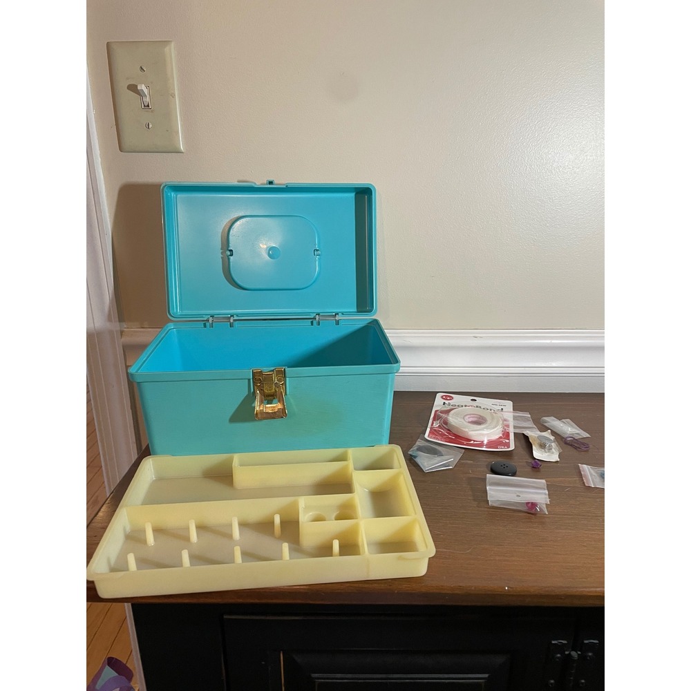 Vintage Turquoise Wilhold Plastic Sewing Box with Removable Tray & Notions